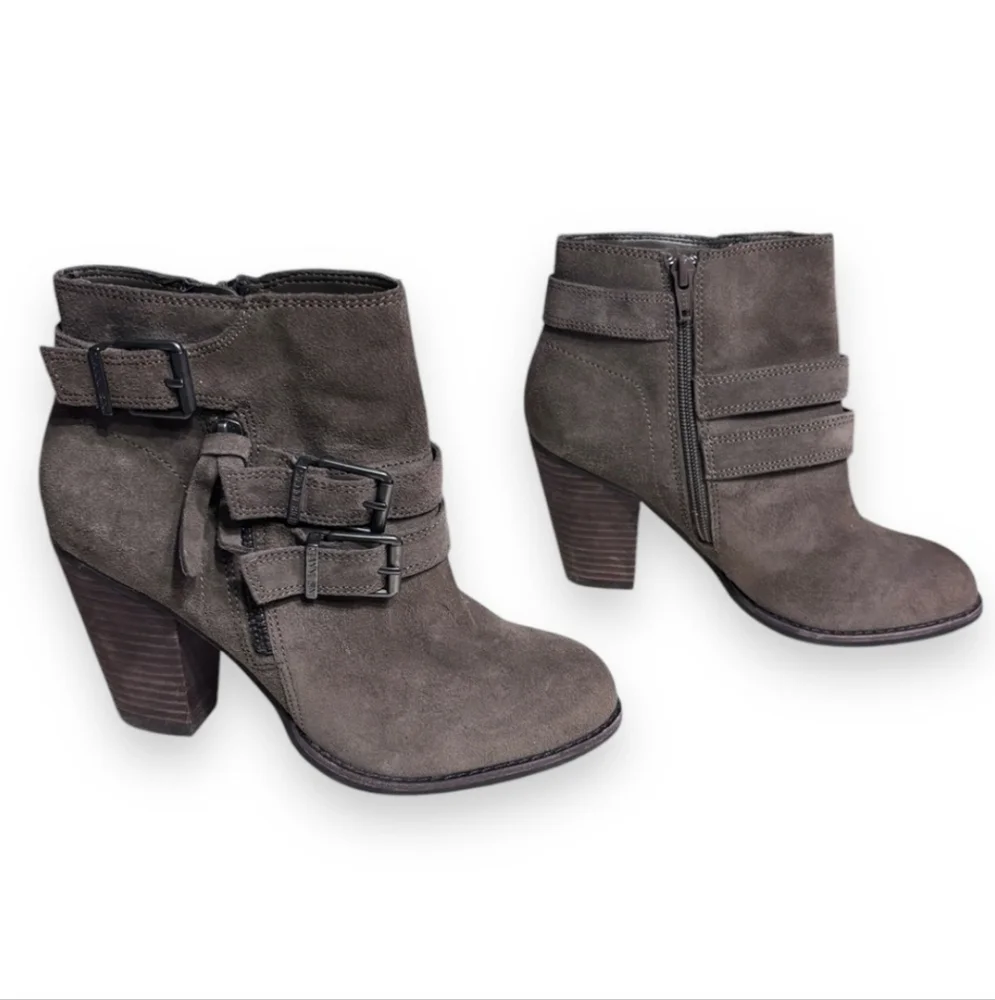 GIANNI BINI Grey Suede Side Zip Ankle Booties Double Buckle